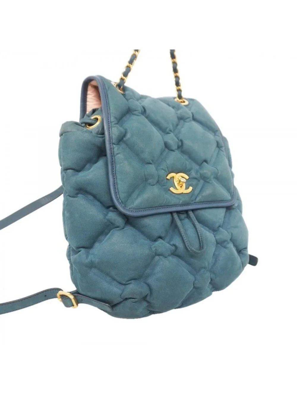 Chanel Backpack Bubble Quilt Leather Blue Gold
